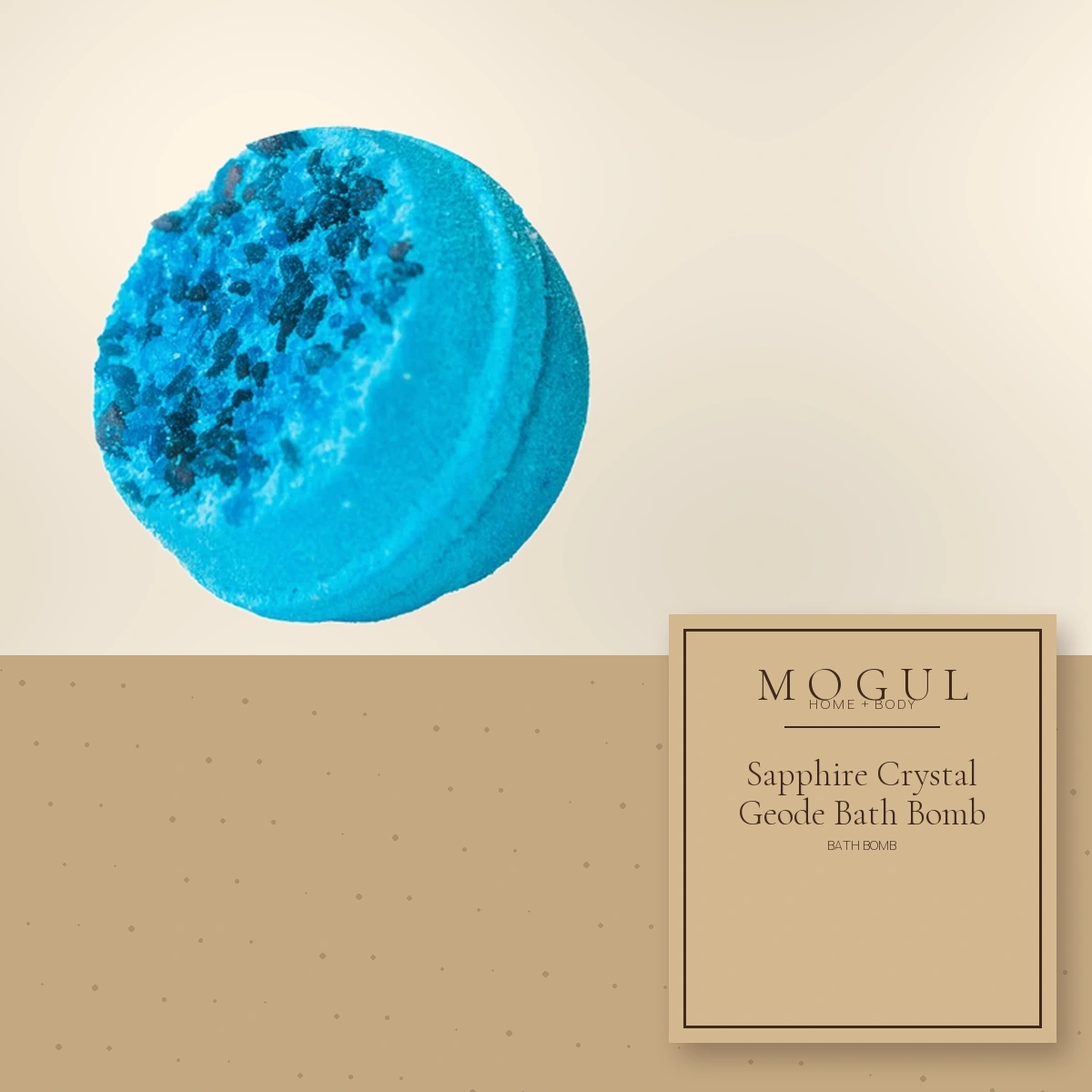 Sapphire Crystal Geode Bath Bomb Bath Bomb — packaging concept with MOGUL HOME + BODY kraft label