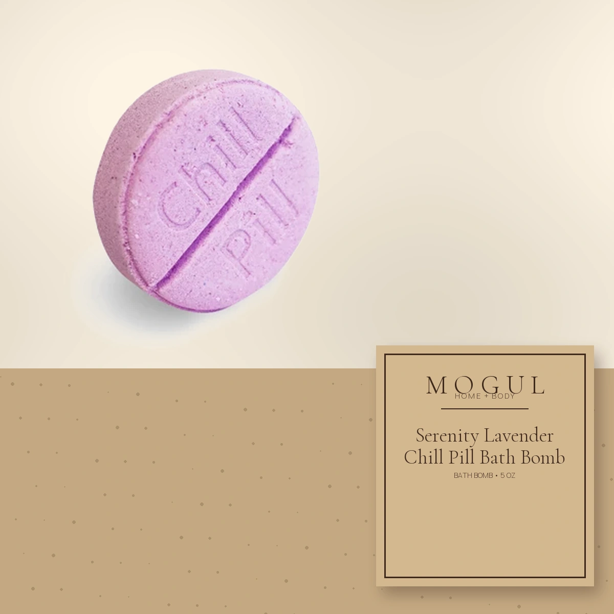 Serenity Lavender Chill Pill Bath Bomb Bath Bomb, 5 oz — packaging concept with MOGUL HOME + BODY kraft label