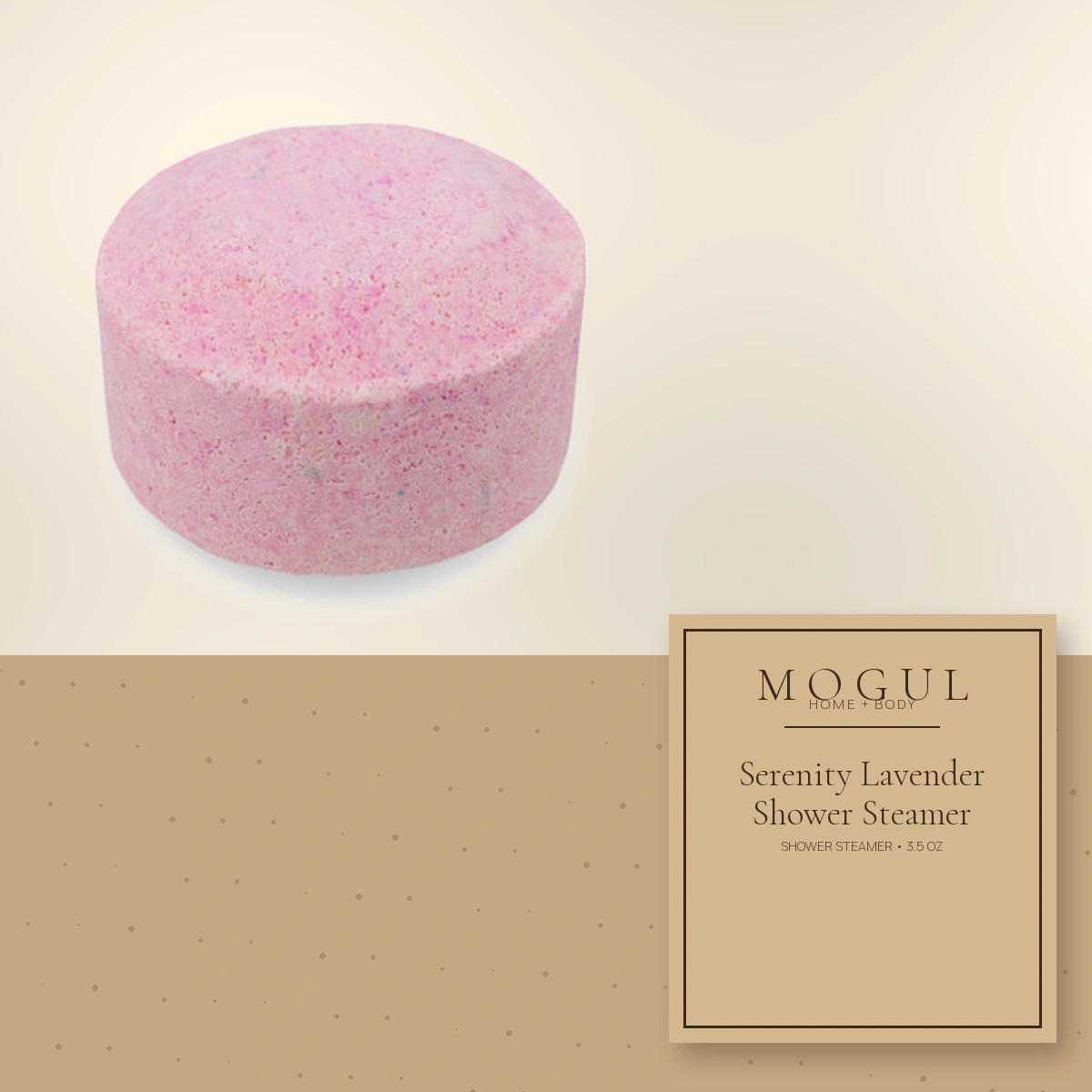 Serenity Lavender Shower Steamer Shower Steamer, 3.5 oz — packaging concept with MOGUL HOME + BODY kraft label