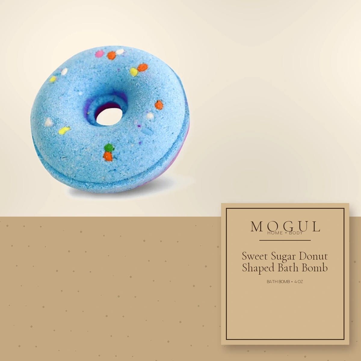 Sweet Sugar Donut Shaped Bath Bomb Bath Bomb, 4 oz — packaging concept with MOGUL HOME + BODY kraft label