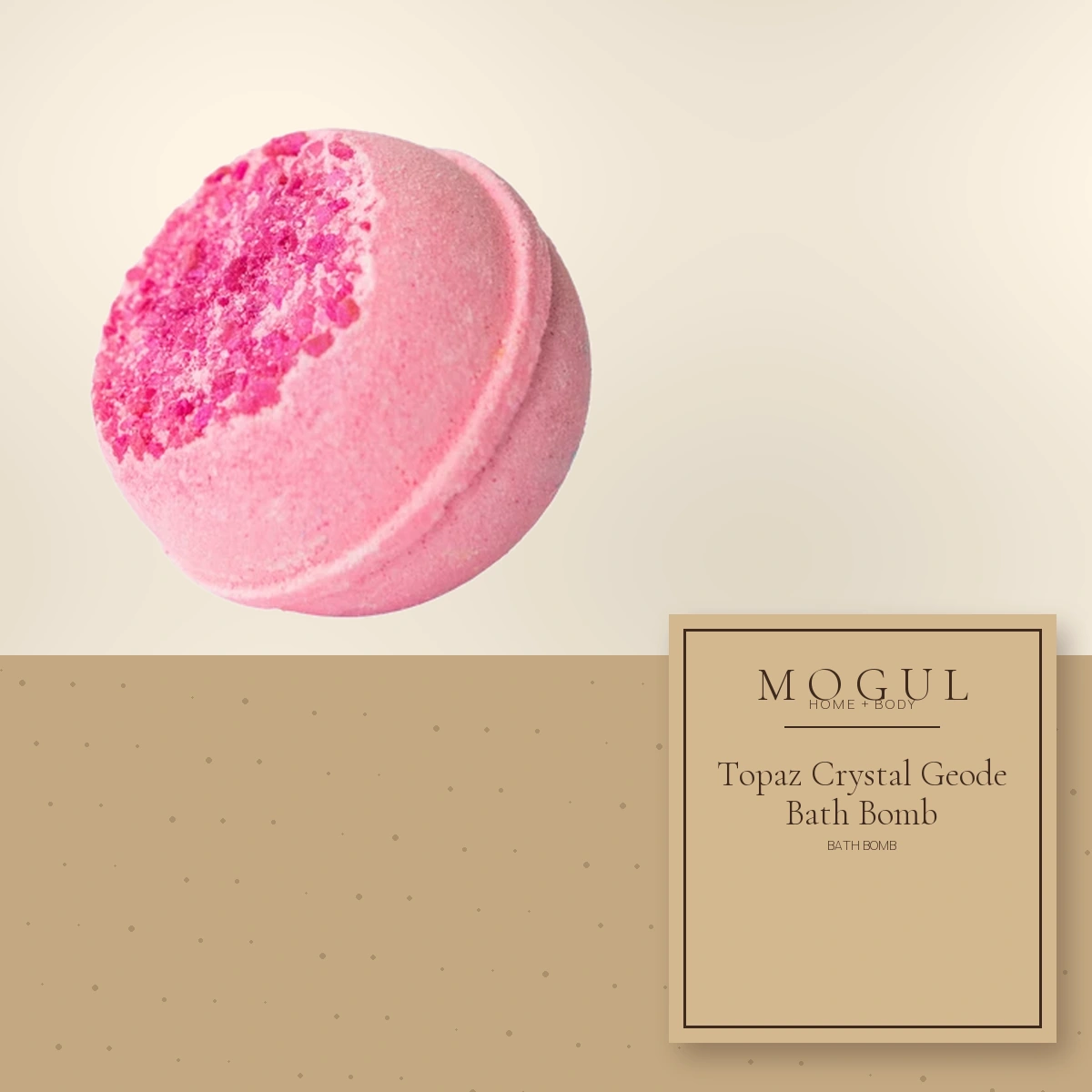 Topaz Crystal Geode Bath Bomb Bath Bomb — packaging concept with MOGUL HOME + BODY kraft label