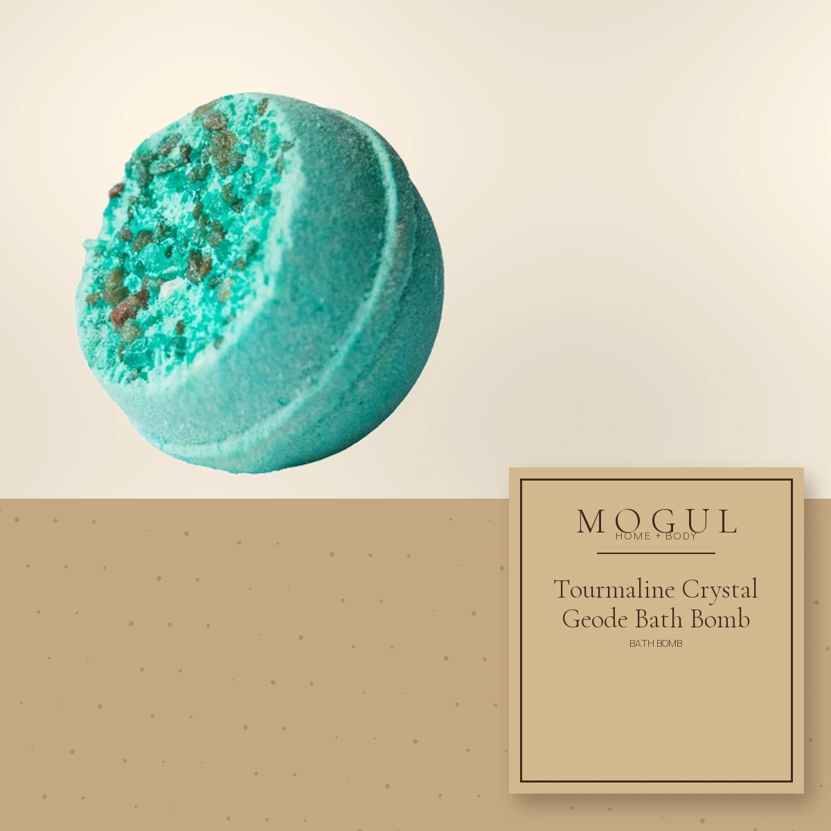 Tourmaline Crystal Geode Bath Bomb Bath Bomb — packaging concept with MOGUL HOME + BODY kraft label