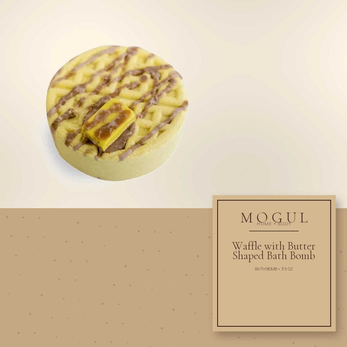 Waffle with Butter Shaped Bath Bomb Bath Bomb, 3.5 oz — packaging concept with MOGUL HOME + BODY kraft label